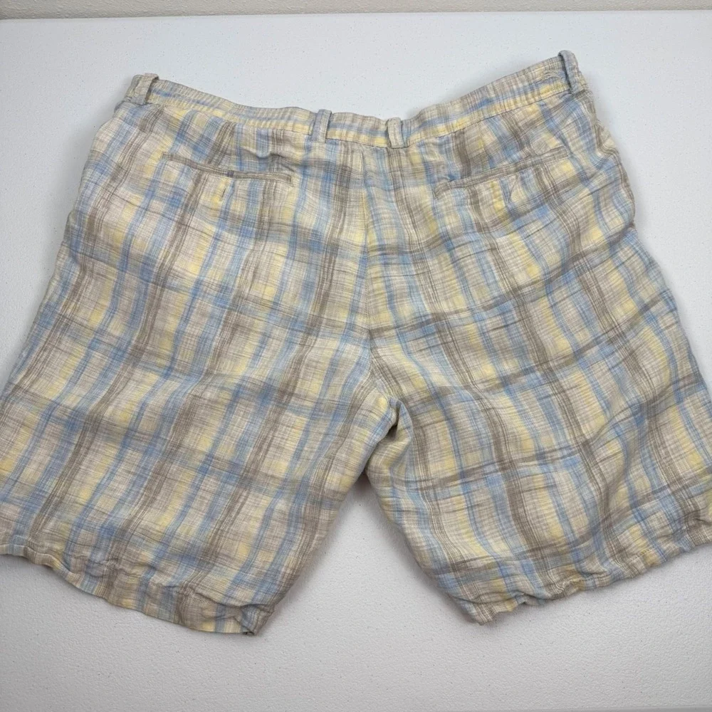 Tommy Bahama Mens Plaid Linen Blend Shorts Blue Yellow Tan Size‎ 40 Flat Front